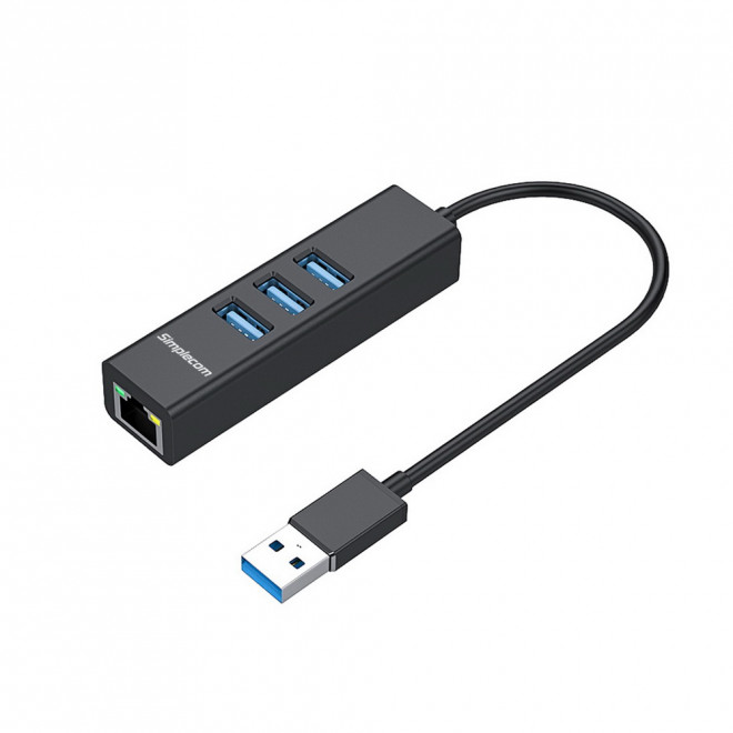 Simplecom Aluminium 3 Port USB Hub w/Gigabit Ethernet Adapter - Black